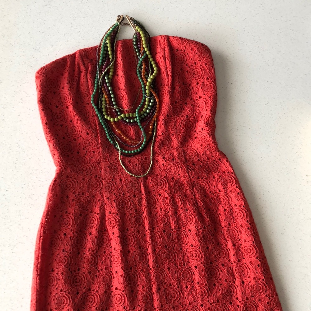 Strapless coral & floral dress
